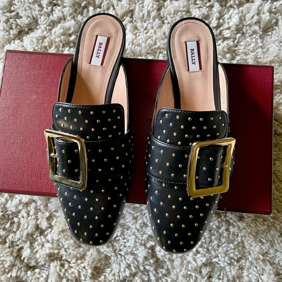 BALLY Janesse Metal Black & Gold Stud Mule Loafers - Picture 5 of 14